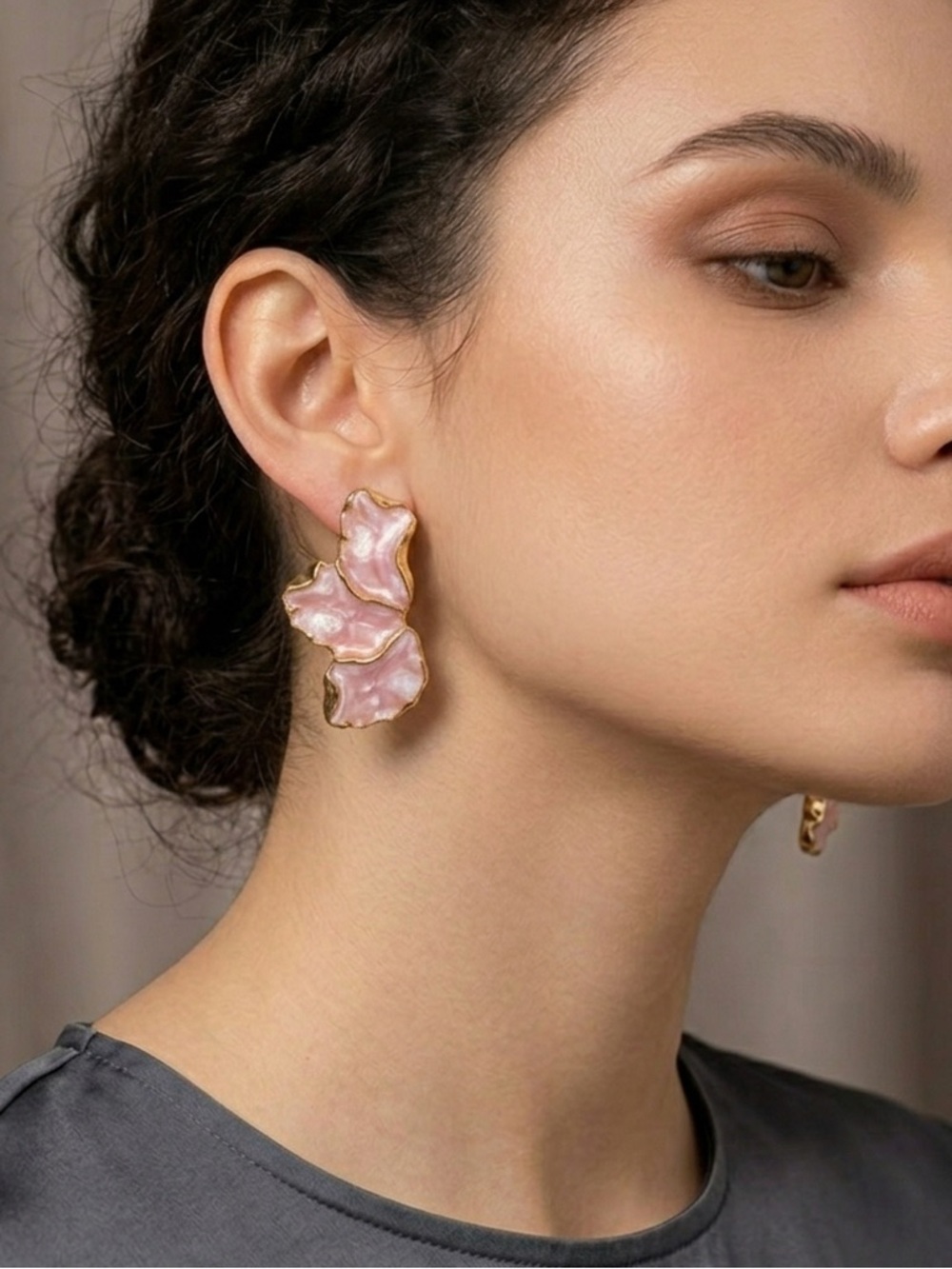Elegant Pink Flower Petal Drop Earrings with Gold Trim